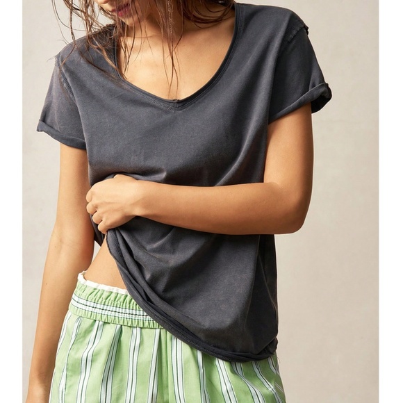 Mineral Wash V neck Reverse Stitch Short Sleeve Top - Picture 6 of 6